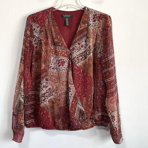 Lauren Ralph Lauren Surplice Top Blouse L Patchwork Elastic‎ Waist Sheer Sleeve